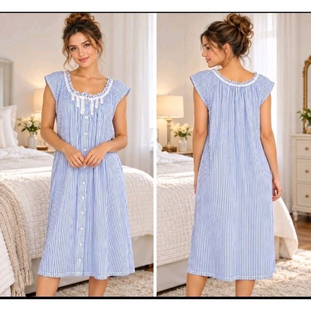 MISS ELAINE Sz M Cap Sleeve Midi Nightgown Striped Lace Ruffle Neckline